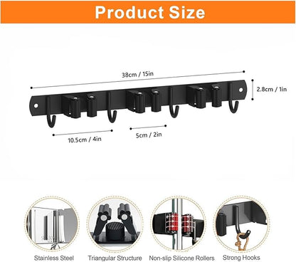 Mop and Broom Holder Wall Mount, Upgraded Broom Organizer Wall Mount, Stainless Steel Broom Hanger Wall Mount for Kitchen Garden Laundry Room Decor (3 Racks with 4 Hooks Black)