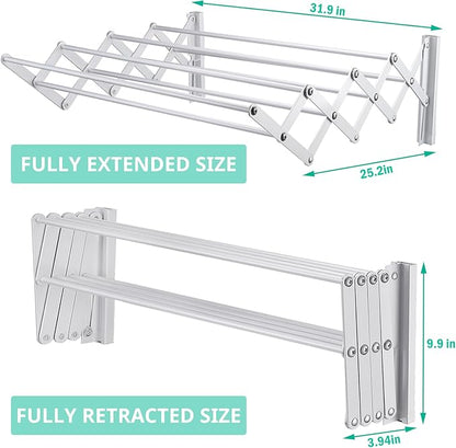 X-cosrack Wall Mounted Clothes Drying Rack, 31.9" Wide Large Rustproof Retractable Laundry Drying Rack, 8 Bar Space-Saving Aluminium Alloys Clothing Hanger Drying Racks forLaundry (Silver)