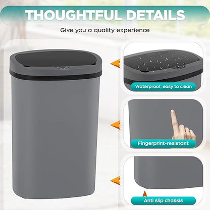 Automatic Motion Sensor Bathroom Trash Can with Lid, 13 Gallon Touchless Trash Bin, Smart Dog Proof Garbage Can, Touch Free Waste Basket for Toilet, Office, Bedroom,Gray