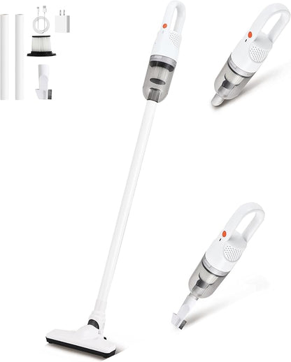 6-in-1 Lightweight Stick Vacuum Cleaner with 100W Powerful Motor, Mini Portable Household Handheld Vacuum Cleaner for Domestic Hard Floors, Carpets and Pet Hair (White Cordless with Plug)