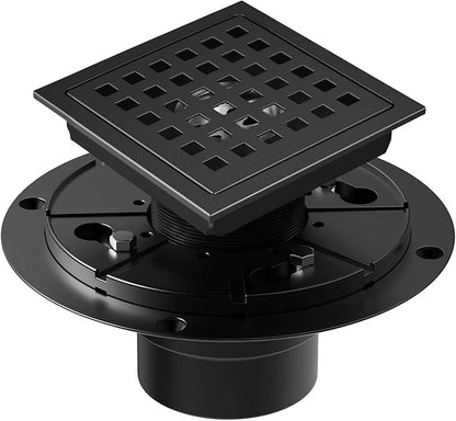 4-3/8 Inch Shower Drain Matte Black, Square Bathroom Floor Drain, Stainless Steel Drain Kit with Flange, Removable Grid Cover, Hair Strainer