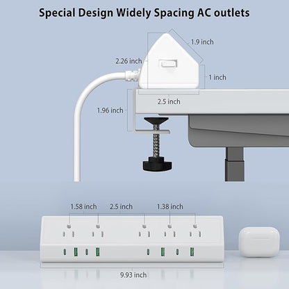 45W Fast Charging Station,Desk Clamp Power Strip,4 PD USB-C Ports,5 AC Outlets,Surge Protector Power Strip, 14AWG Heavy Duty Cord, Fits 1.9" Tabletop Edge (White, 20 FT Cable)