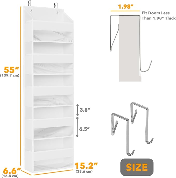 SpaceAid 2 Pack Over The Door Organizer with 5 Large Pockets and 10 Mesh Side Pockets, 5 Layers Door Organizer Hanging with Clear Window for Bedroom, Bathroom, Pantry and Nursery, White