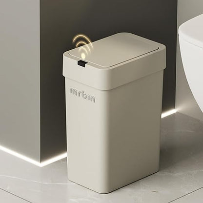 MRBIN Motion Sensor Bathroom Trash Can with Lid, 9L/2.4gal Automatic Plastic Slim Covered Electric Waste Basket, Narrow Rectangle Garbage Bin Under Desk for Small Office, Bedroom, Kitchen, Rv, Gray