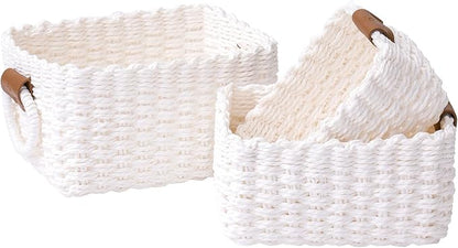 LA JOLIE MUSE Woven Storage Baskets for Organizing, Recycled Paper Rope Basket Bin Divider for Makeup Towel Shelf Cupboards Drawer Closet Dresser, Decorative White Storage Basket Set of 3