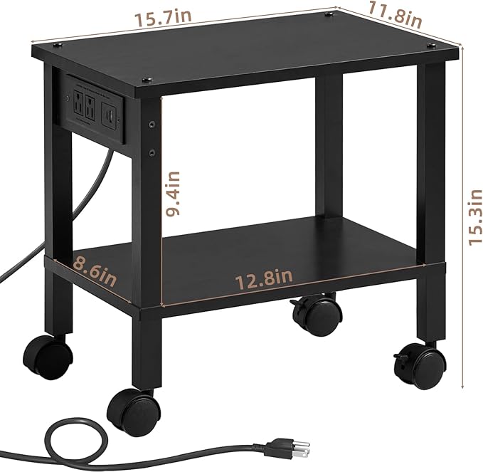 Lerliuo Under Desk Printer Stand with Charging Station, 2 Tier Wooden Small Printer Table with Storage, Rolling Printer Cart Shelf with Lockable Wheels for Home, Office (Black)