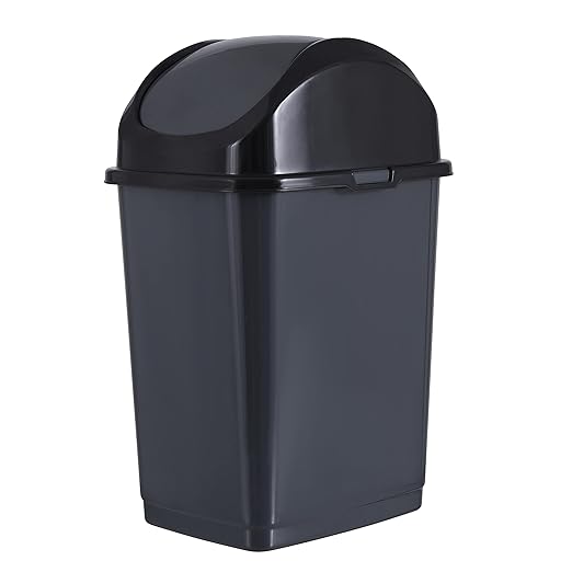 Superio Small 2.5 Gallon Plastic Trash Can with Swing Top Lid, Compact, Slim Waste Bin for Under Desk, Office, Bedroom, Bathroom, Dorm Room, 10 Qt. Portable Garbage Can (Dark Gray, 2