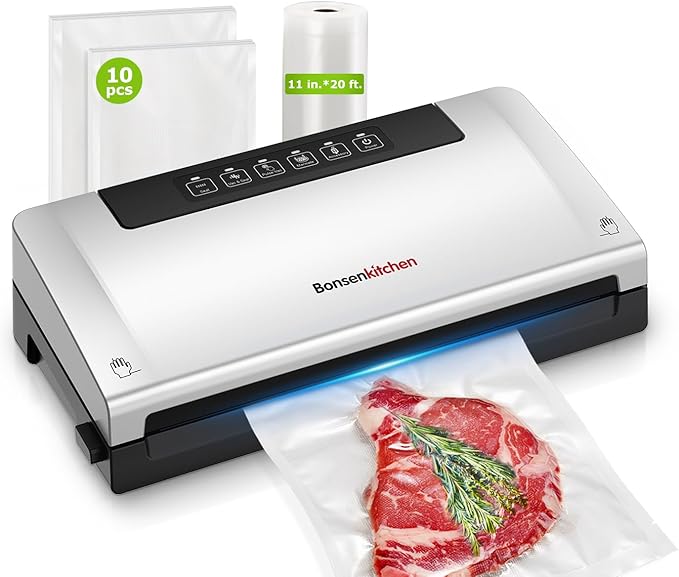 Bonsenkitchen Food Vacuum Sealer Machine with External Vac Function, Built-in Cutter & Bag Storage, 5 Modes for Various Food Types, Includes 10 Bags & 1 Roll (Silver)