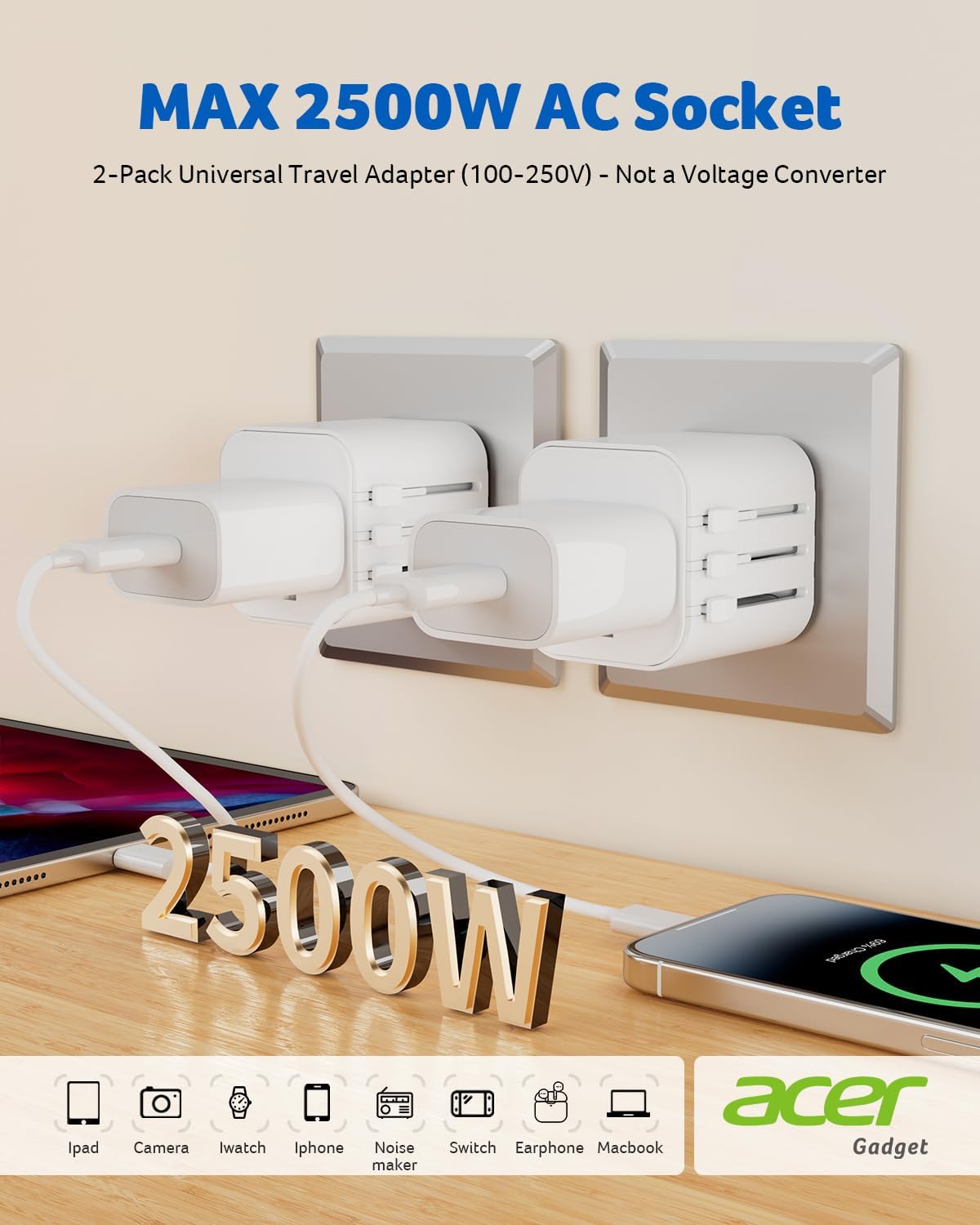 Acer US to Europe Plug Adapter, Universal Travel Adapter, International Power Adapter for USA to Europe UK France Germany Spain Ireland Australia (Type C/G/A/I),White
