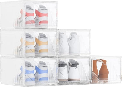 6 Pack Upgraded XX-Large Storage Organizer with Magnetic Door, New structure is more stable, Thicken & Sturdy Clear Stackable Interconnectable Shoe Box for Entryway, Closet, Under Bed