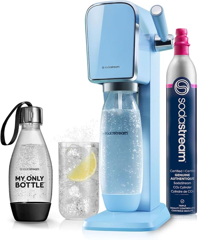 SodaStream - ART Sparkling Water Maker | STARTER KIT | CQC CO2 system | Includes 1x CO2 Cylinder, 1x32 & 1x16 Fl Oz Dishwasher Safe Bottles, 1x Bubly Flavor Drop | Combine with Flavors | Misty Blue