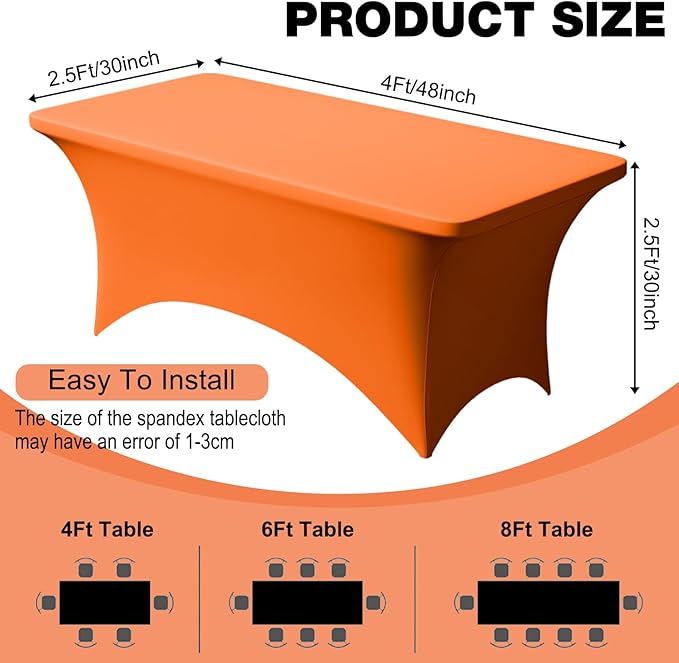 Trlyc 2 Pack 4FT Spandex Table Cloth - 48 x 30 Inch Rectangular Stretch Tablecloth, Wrinkle Resistant Scretch Table Cover for Wedding, Party, Banquet, Picnic, Outdoor Decoration (2Pcs,Orange)