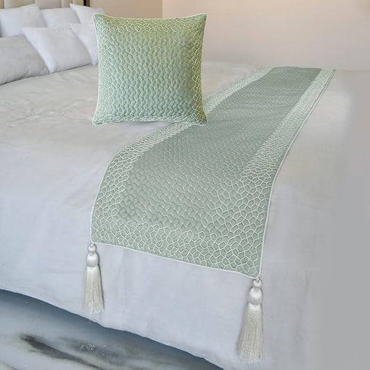 The HomeCentric King/Queen/Twin Blue Decorative CA King 86"x18" Bed Runner with 2 Pillow Cover, Mosaic, Bead Embroidery, Handmade, Tassels Bed Scarf on Jacquard Fabric - Tessellation Blue