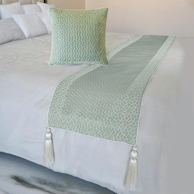 The HomeCentric King/Queen/Twin Blue Designer King 90"x18" Bed Runner with Pillow Cover, Mosaic, Bead Embroidery, Handmade, Tassels Bed Scarf on Jacquard Fabric - Tessellation Blue