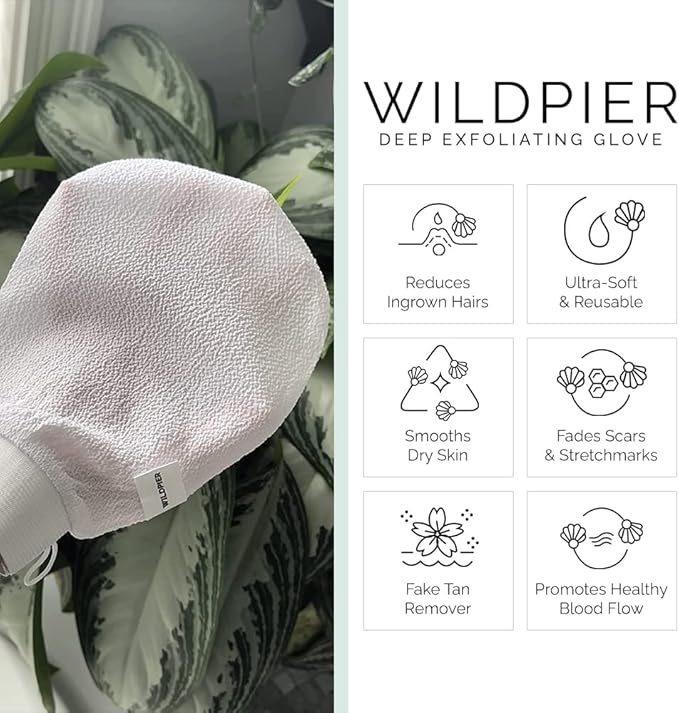 Wildpier Beauty Exfoliating Glove Mitt Body Scrub for Bath Shower Spa Hand Exfoliator Gloves, Dead Skin Cell Remover, Plant Based Deep Exfoliation Scrubber, White