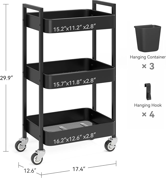 3 Tier Rolling Cart,Utility Cart with Locking Wheels, Hanging Cups & Hooks, Heavy Duty Metal Storage Organizer Cart for Kitchen,Office, Bathroom,Craft Room,Black