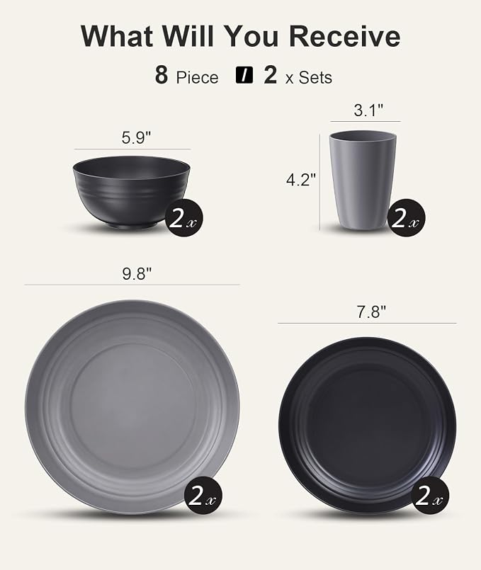 Quatish 8 Pcs Unbreakable Plates and Bowls, Plastic Dinnerware Sets