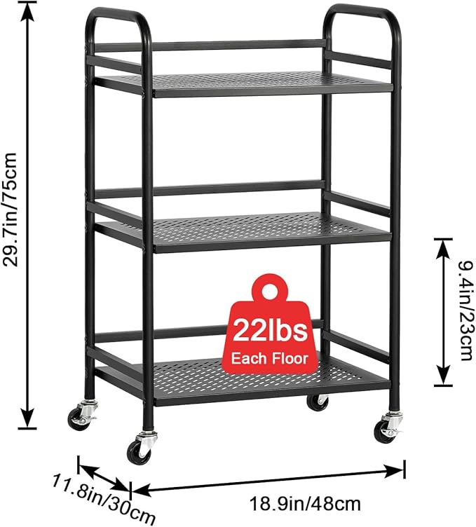 HDANI 3 Tier Rolling Cart,Heavy Duty Multifunctional Metal Frame-Supports 22 Lbs Per Tier,Rolling Cart with 2 Lockable Wheels for Office,Home,Bedroom,Kitchen,Bathroom (Black)…