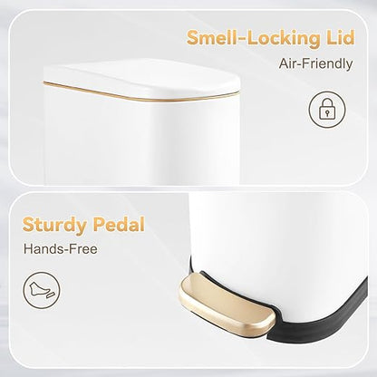Bathroom Trash Can with Soft-Close Lid 3.5 Gallon Stainless Steel Garbage Can with Removable Inner Bucket Slim Trash Bins for Bedroom, Office(Matte White)