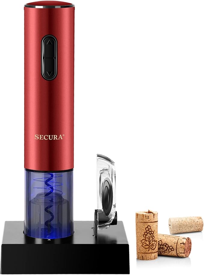 Secura Electric Wine Opener, Automatic Electric Wine Bottle Corkscrew Opener with Foil Cutter, Rechargeable (Red)