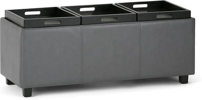 SIMPLIHOME Avalon 42 inch Wide Contemporary Rectangle Storage Ottoman in Stone Grey Vegan Faux Leather, Assembled, For the Living Room, Entryway and Family Room