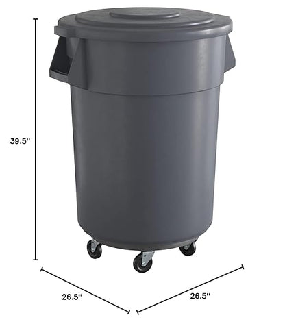 55 Gallon Gray Round Commercial Trash Can with Lid and Dolly