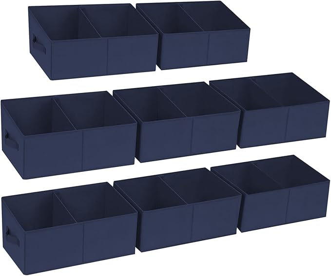 DIMJ Large Closet Shelf Organizer Bins 8Packs with Handles and Divider, Fabric Trapezoid Storage Baskets, Foldable Clothes Containers Box for Shelf, Towel, Book, Toy, Purse, Hats, Navy Blue