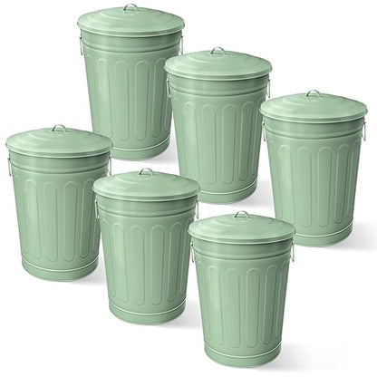 Plexon Round Trash Can 13 Gallon, Vintage Metal Outdoor Trash Can with Lid, Retro Farmhouse Garbage Container, Old School Modern Ash Bucket, Green 6 Pack