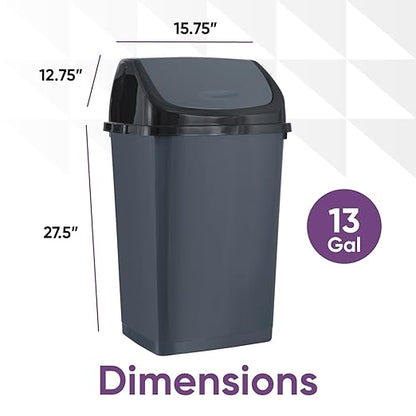 Superio Kitchen Trash Can 13 Gallon with Swing Lid, Plastic Tall Garbage Can Outdoor and Indoor, Large 52 Qt Recycle Bin and Waste Basket for Home, Office, Garage, Patio, Restaraunt (Grey/Black)