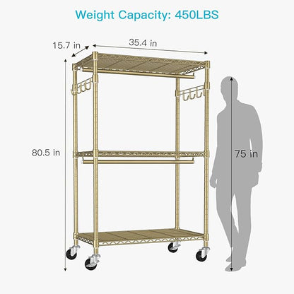 FUTASSI P1 Rolling Clothes Rack, Movable Metal Garment Closet Organizer with Lockable Wheels, Clothing Wardrobe with Double Hanger Rods and Hooks, 35.4" W x 15.7" D x 80.5" H, Load 450lbs, Gold
