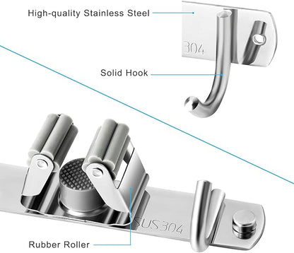 Broom and Mop Holder Wall Mounted, Broom Hanger Storage Rack, Stainless Steel Mop Hanger, Dustpan Holders with 2 Racks and 3 Hooks, Heavy Duty utility hooks for hanging brooms and mops
