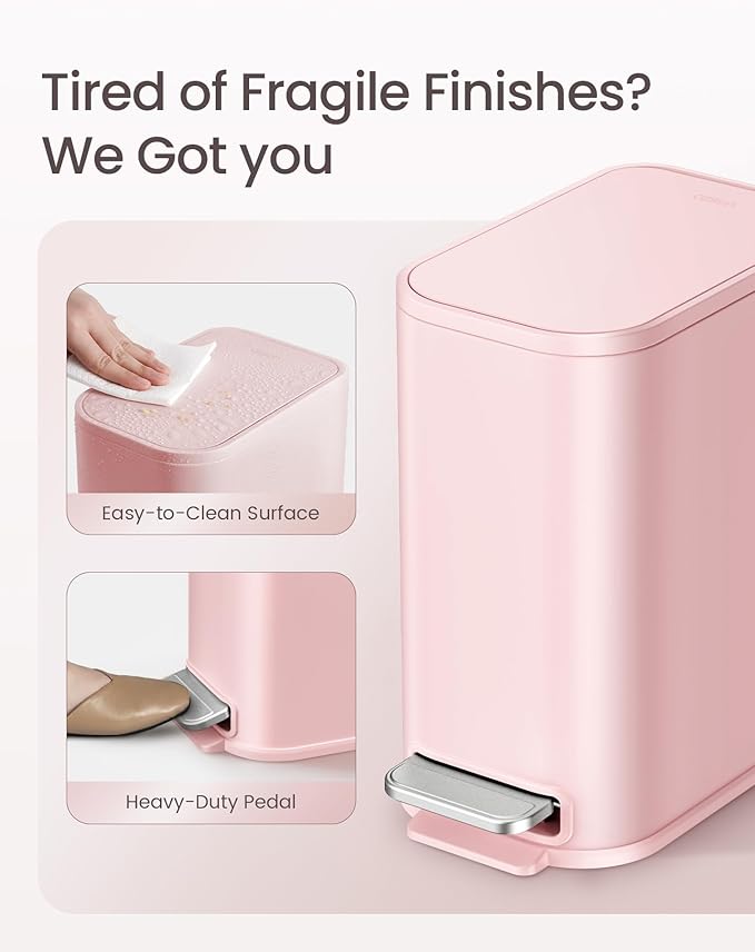 Cesun Small Bathroom Trash Can with Lid Soft Close, Step Pedal, 5 Liter / 1.3 Gallon Stainless Steel Garbage Can with Removable Inner Bucket, Waste Basket for Bathroom, Bedroom (Pink)