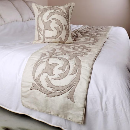 The HomeCentric Luxury Ivory & Beige Twin 53 x 18 inch Bed Runner with 2 Pillow Cover, Linen Lurex Applique Bed Scarf, Abstract Modern - Pretty Dainty