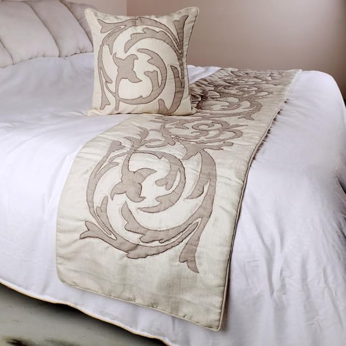 The HomeCentric Designer Ivory & Beige Full 68 x 18 inch Bed Runner Without Pillow Cover, Linen Lurex Applique Bed Scarf, Abstract Modern - Pretty Dainty