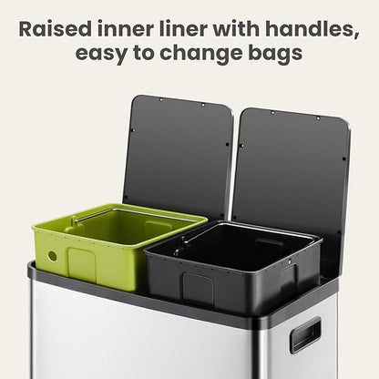 DUMOS Kitchen Trash Can, 2×8-Gallon Garbage Can with Lid, Stainless Steel Trash Bin with 2 Removable Inner Buckets, Soft-Close Foot Pedal, Fingerprint-Resistant for Kitchen Home Office
