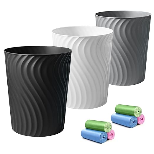 YGJT Small Trash Can, 3 Pack 1.8 Gallons Bathroom Trash Can Waste Basket, Round Garbage Can, Plastic Trash Bin for Kitchen, Dorm, Bedroom, Office, Living Room, Study, Compact Spaces(White Black Grey)