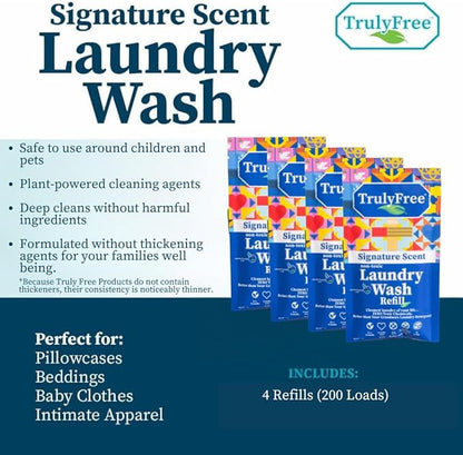 Truly Free Natural Laundry Detergent for Sensitive Skin | Eco Friendly, Plant Based, Baby Clothes Safe | Clean & Easy Powder to Liquid, 4 Pack Refill Detergent, NO Jug | Signature Scent, 200 Loads