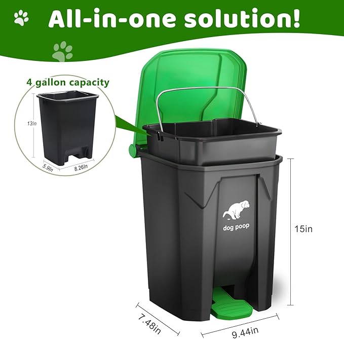 Dog Poop Trash Can Outside, 20L/5Gallon Dog Waste Trash Can with Lid, Pedal and Removable Inner Waste Bin, Pet Poop Bucket with 100 Bags, Green
