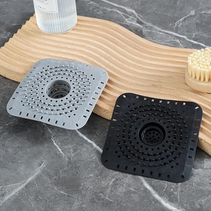 Drain Hair Catcher, Silicone Bathtub Drain Protector 2 PCS (Gray/Black, Square)