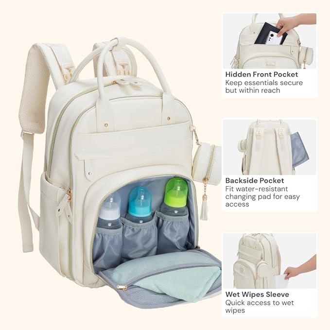 BabbleRoo Leather Diaper Bag Backpack - Baby Essentials Travel Baby Bag, Multi function, Water Resistant, with Changing Pad, Stroller Straps & Pacifier Case – Unisex, Eggshell White