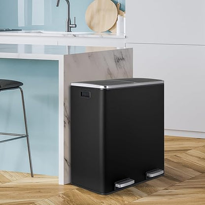 16 Gallon Rectangular Stainless Steel Trash Can, Dual Compartment Garbage Bin with Recycling Combo, Metal Dustbin Lid, Removable Liner, Indoor Hands Free Waste Bucket for Kitchen Home