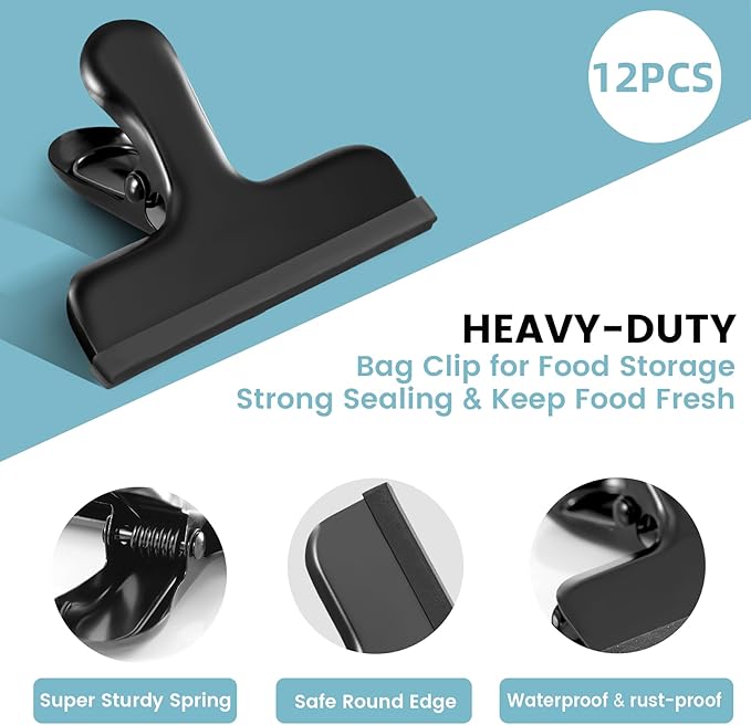 HOUSE AGAIN 12 Pack Stainless Steel Chip Bag Clips Covered with Silicone - NO More Sharp Edges - Color Coded for Food Bags - Air Tight Seal, Heavy Duty for Kitchen and Office, 3 Inches Wide, Black