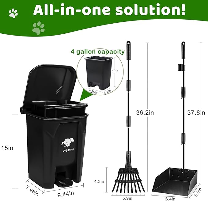 Dog Poop Trash Can Outside with Pooper Scooper, 20L/5Gal Dog Waste Trash Can with Lid, Pedal and Removable Inner Bin, Pet Poop Bin with Metal Rake & Tray and 100 Bags