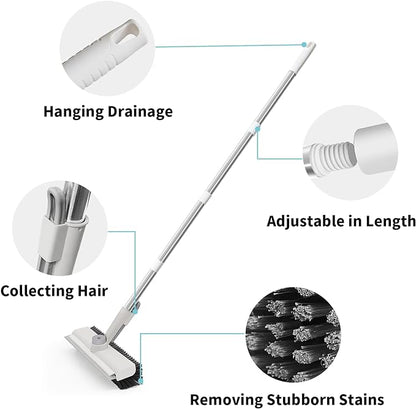 Floor Scrub Brush with Long Handle, 3 in 1 Scrape and Heavy-Duty Stiff Bristle Scrubber Brush for Cleaning Shower Bathroom, Patio, Garage, Kitchen, Wall and Deck (White, 2 Pack)