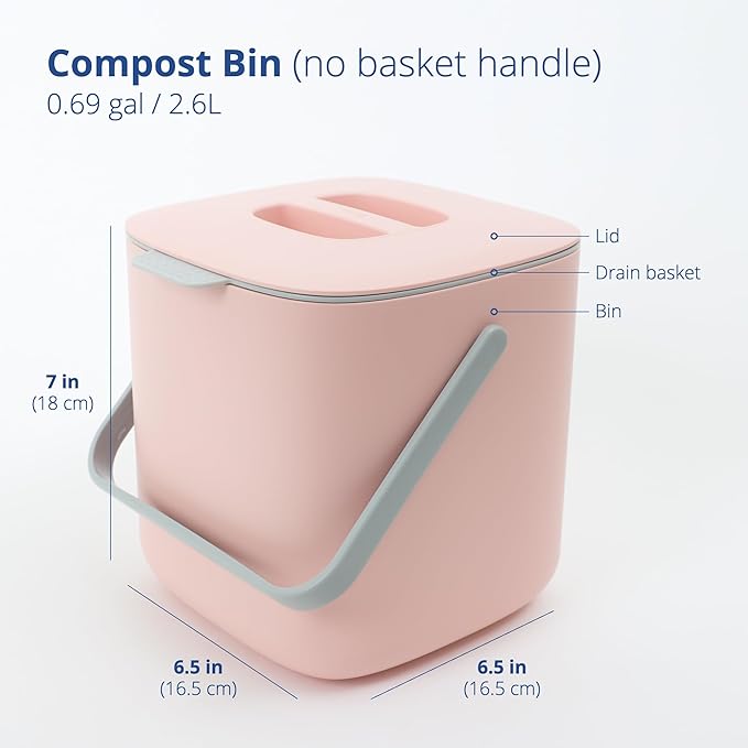 Blue Ginkgo Kitchen Compost Bin [2.6L / 0.69 GAL] – Filter-Free, Odor-Tight Countertop Food Waste Pail with Handle (Made in Korea, Pink)