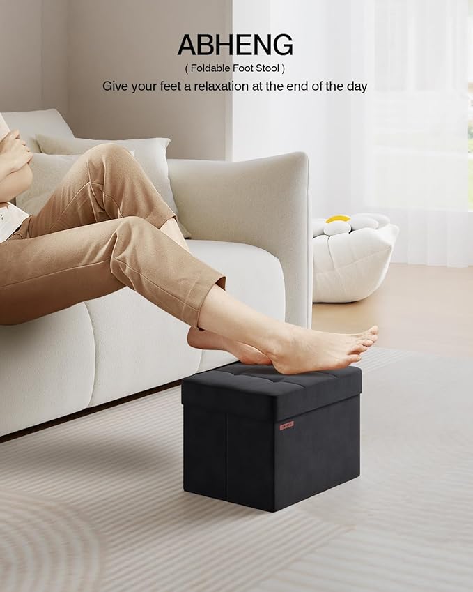 Folding Storage Ottoman, Velvet Storage Bench, Footrest, Foot Stool, for Living Room, Bedroom and Office,12.2 x 16.1 x 12.2 Inches, 200 kg Load Capacity, Ink Black,UASND03B