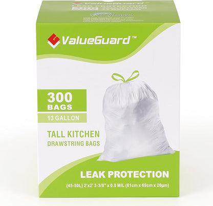 Large Trash Bag 13 Gallon Tall Drawstring 100% Post-Consumer Recycled Garbage Bag Waste Bag for Kitchen Office 0.8 Mil (300 Count)