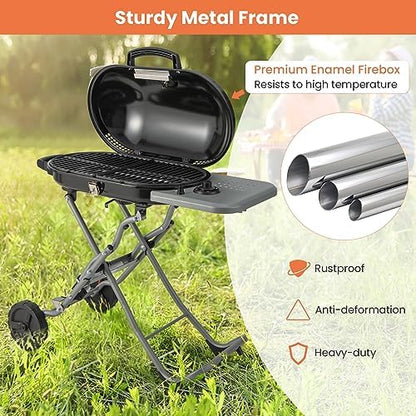 Giantex Portable Propane Gas Grill with 15,000 BTUs Burner, Side Table, 2 Wheels, Grease Tray, Metal Frame, Folding Stand-Up Propane Gas Grill for Outdoor Cooking Camping Barbecue (Black)