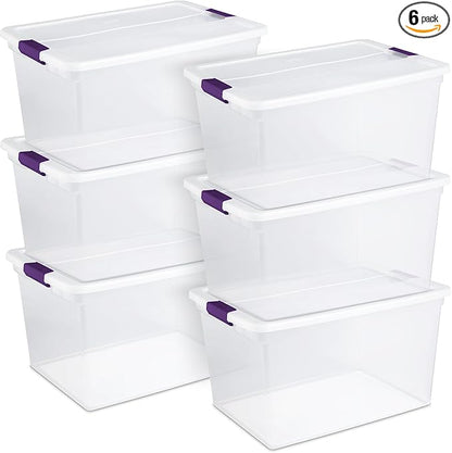 Sterilite 6 Pack 66 Quart ClearView Latch Box, Stackable Organizer Bins with Latching Lids - Clear Plastic Organization Containers for Closet, Bedroom, Shelving Units and Everyday Home Storage