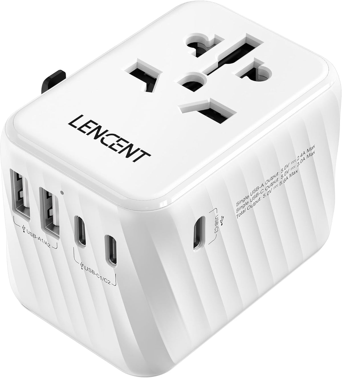 LENCENT Universal Travel Power Adapter, International AC Plug Adaptor with 5.6A 3 USB C 2 USB A Ports Wall Charger Worldwide Travel Essentials for US to EU UK Ireland Australia (Type C/G/A/I) White